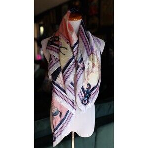 Vintage Equestrian Pastel Color Block Derby Horse Polyester Satin Scarf 36x35